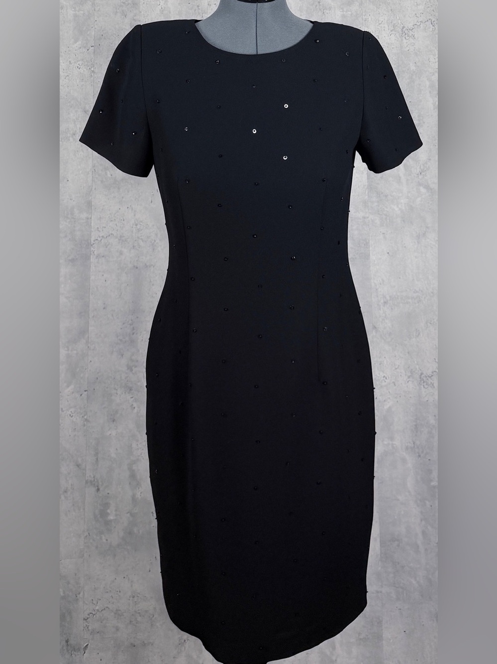 VTG August Hale Black Beaded Sequin Sheath Dress Womens 8 Short Sleeve Cocktail